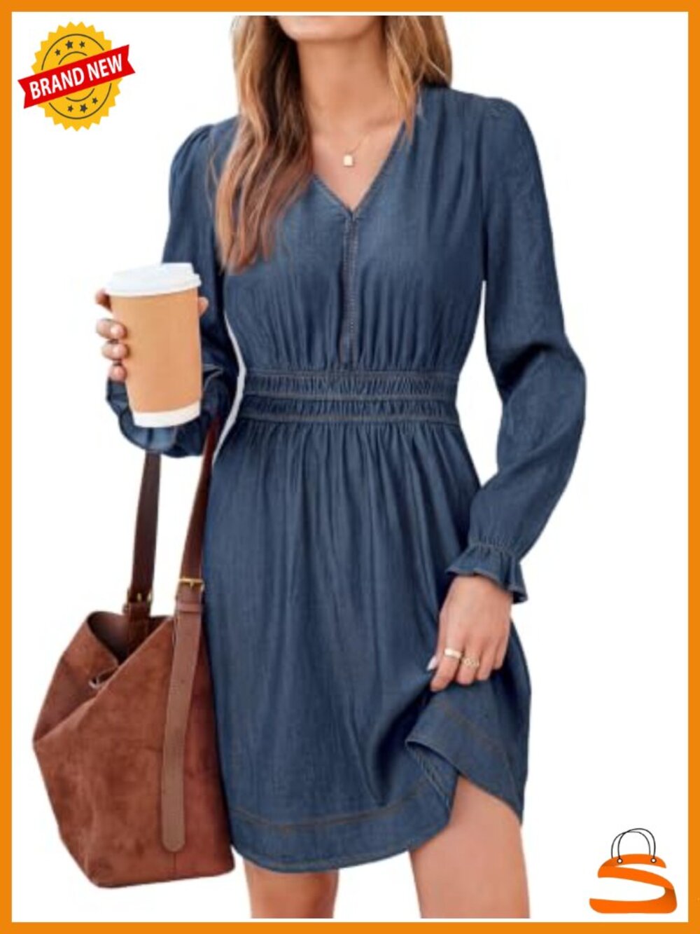 Women's Denim Dress Lyocell Chambray Long Sleeve V Neck Smocked Waist